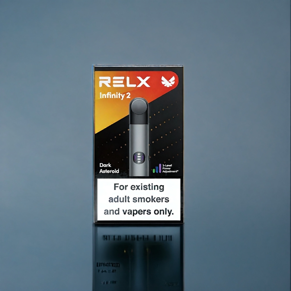 Grå RELX Infinity 2 Svensk Vape Enhet 1.9ml 600-650 puffar Sleek Metallisk 18x108mm 440mAh 3 Effektläden USB-C Sverige Grossist