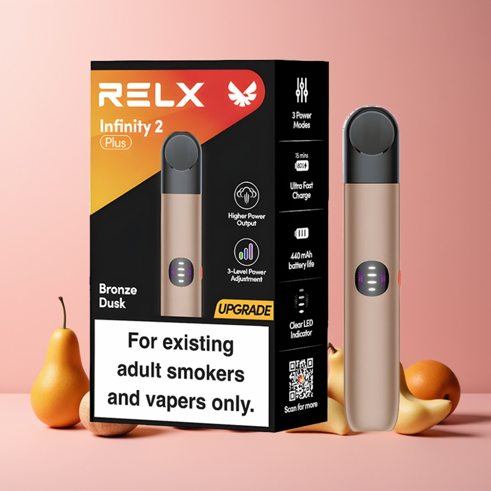 RELX Infinity 2 Plus Enhet 600 Puffar 3 Lägen 10W Sverige Grossist Brons Skymning