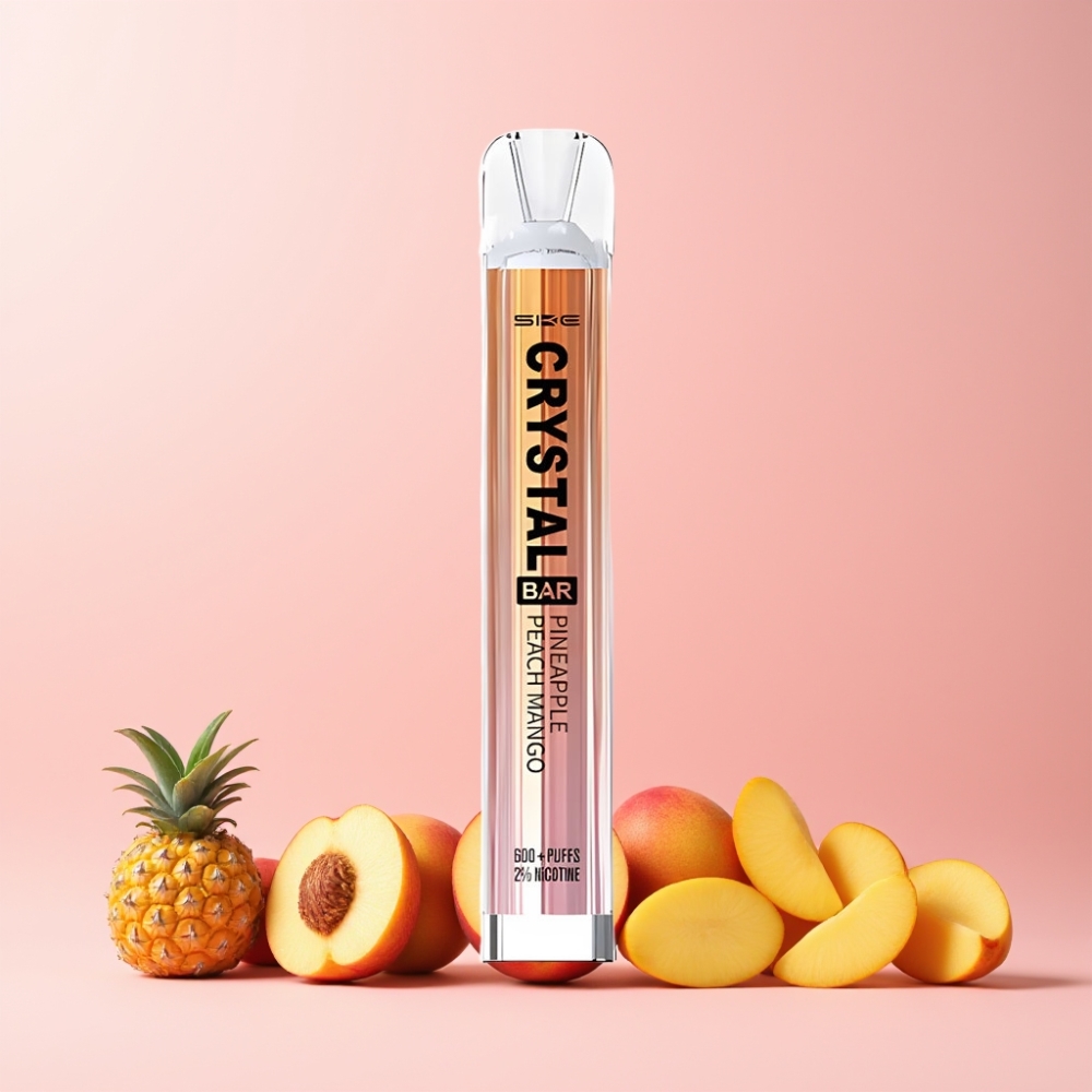 SKE Crystal Bar 600 Disposable Vape Ananas Persika Mango med 2% Nikotin 500mAh 600 Puffar Stainless Steel+PCTG 2.0ml Mesh Coil Sverige Grossist