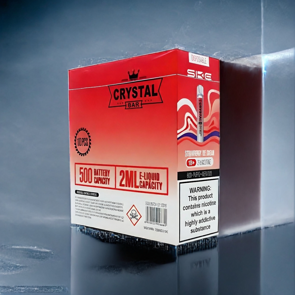 Jordgubb Glass SKE Crystal BAR 600 Sverige Grossist 0%/2% Nikotin 500mAh 600 Puffar 2.0ml Vätska Mesh Coil