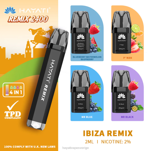Hayati Remix förfyllt podsystem 2400 puffar - XN0855 Hayati Vape Near Me ibiza remix